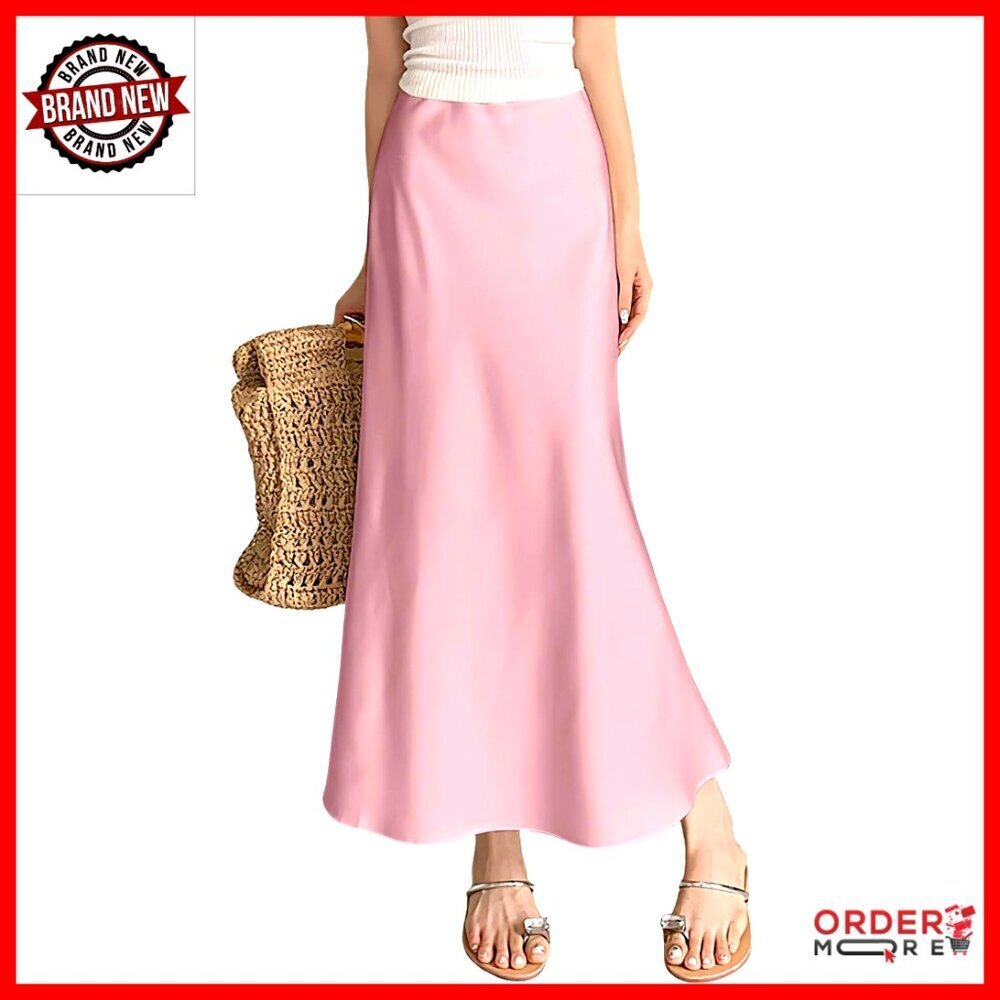 Elegant Satin Maxi Skirt Hidden Elastic Waist Flared A-Line Dressy